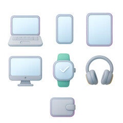 Tech devices 3D icon set including laptop, smartphone, smartwatch, tablet, and headphones for UI dashboards, digital tools, and technology concepts. Transparent background. Soft pastel 3D style.
