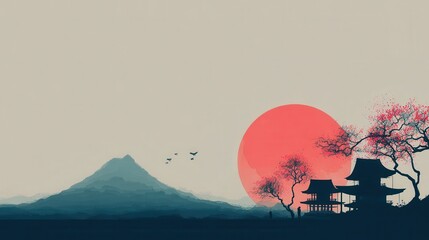 Serene japanese landscape with mount fuji, cherry blossoms, and traditional architecture