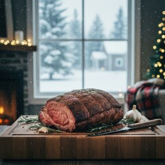 Christmas prime rib roast dinner in a cozy winter setting.