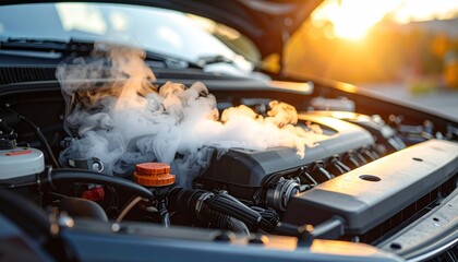 Overheating car engine with steam billowing out, potentially a serious mechanical issue