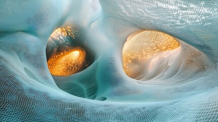 Abstract light blue fabric with glowing golden portals creates a futuristic