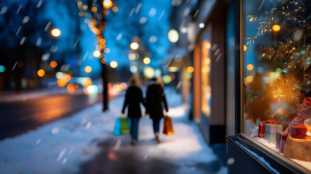 Defocused Christmas night with faceless silhouettes walking through snowy streets carrying presents, festive windows glowing softly, with copy space.