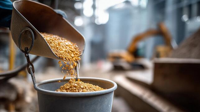 Large industrial bucket moving gravel faceless machinery operation defocused cement production plant background technological manufacturing process construction material