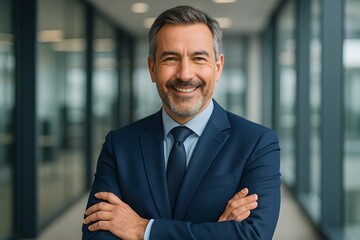 Fototapeta premium Successful mature businessman smiling confidently with arms crossed in modern office, radiating professionalism and leadership, perfect for corporate branding