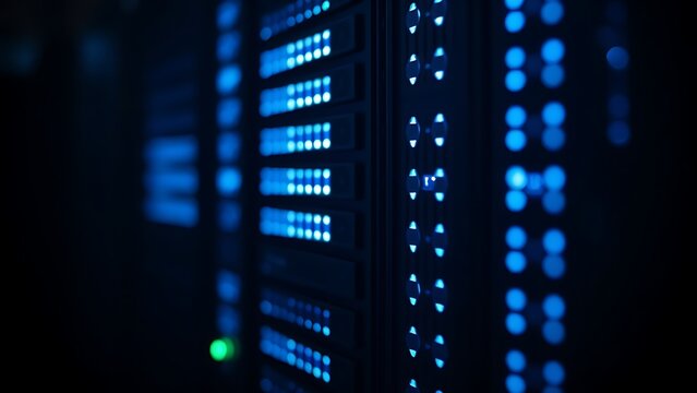serverroom. Close-up of a server rack with glowing blue indicators in a dark setting. product launch decks, UI/UX mockups, designed for data visualization dashboards and holographic UIs.