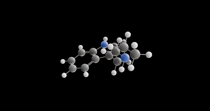 N-Ethyltryptamine molecule, rotating 3D model of tryptamine, looped video on a black background
