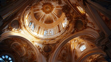Ornate architectural dome interior showcases rich gold ornamentation illuminated by natural light