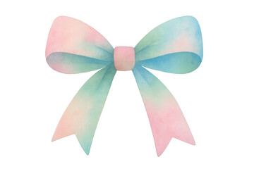 Watercolor bow in pastel pink, blue, and green creating a decorative element on a transparent background for celebration and gift presentation