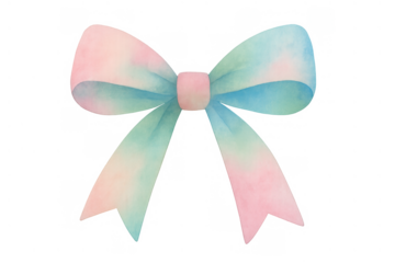 Watercolor bow in pastel pink, blue, and green creating a decorative element on a transparent background for celebration and gift presentation