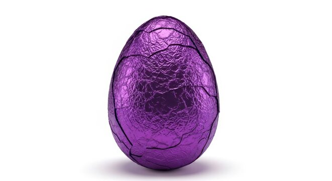 Cracked purple foil easter egg isolated on white background