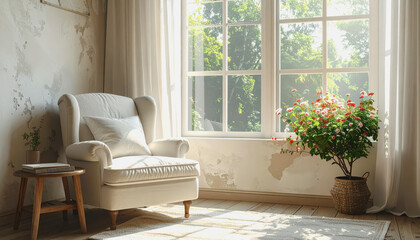 Cozy reading corner featuring a chair and a vibrant flower set against a wall of natural light and warmth