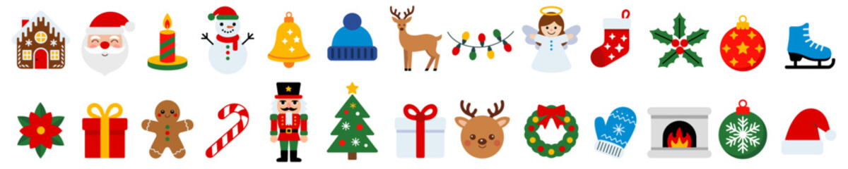 Holiday cheer set of 24 colorful vector Christmas icons with Santa Claus, snowman, reindeer, nutcracker, gifts, holiday decorations, winter mittens, fireplace and more