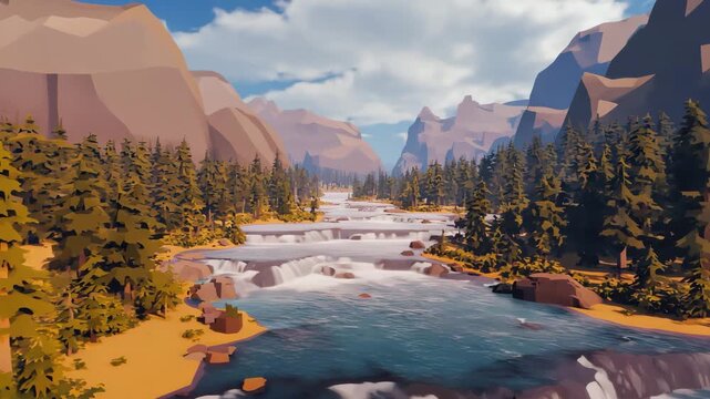 Low-poly river flowing through a mountainous forest landscape.