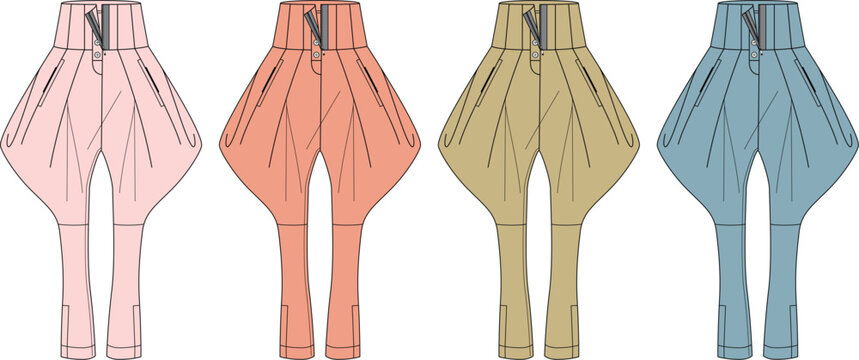 Fashion illustration of stylish casual women's harem pants in a variety of vibrant colors, perfect for comfort and modern lifestyle apparel design concept for everyday wear