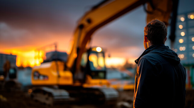 Large yellow excavator positioned at active construction site faceless operator silhouette defocused heavy machinery background earthmoving equipment building development zone