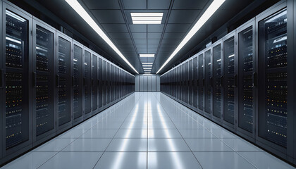 Contemporary server room showcasing multiple servers in a high-tech corridor with a futuristic mood and empty space