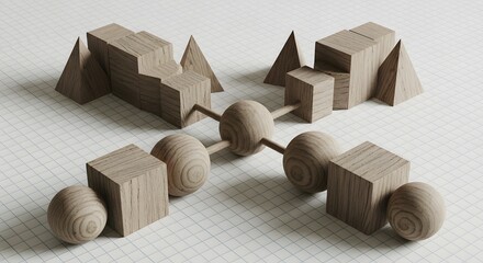 Geometric wooden shapes on graph paper with symbolic symmetrical composition