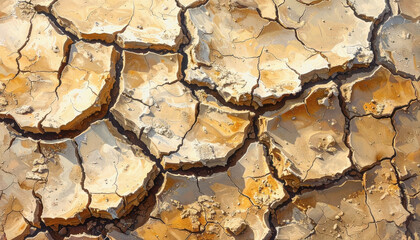 Cracked surface of dry earth displaying a unique pattern symbolizing drought with ample space for text design