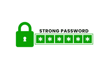 Green strong password text with lock icon and hidden asterisk symbols for secure digital account login