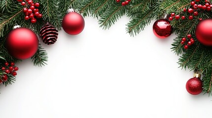 christmas decoration frame border with red baubles, holly, and pine branches on a white background. flat lay, top view with copy space for a holiday greeting card or banner design, christmas concept