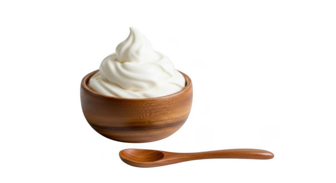 A swirl of creamy soft serve ice cream in a wooden bowl with a small wooden spoon, isolated on transparent background