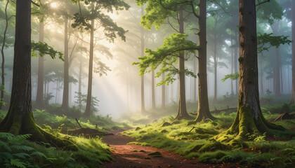 Radiant sunlight streaming through the canopy of a forest illuminating the trees with a warm golden glow