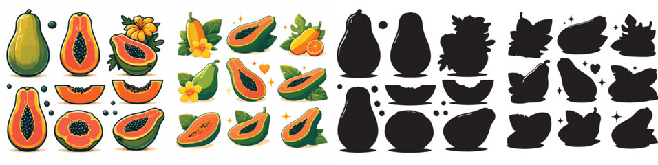 Set of vector and shilhouttes images of papaya fruit on white background