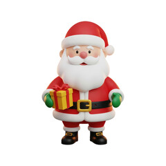 Smiling 3D cartoon Santa holding a yellow and red wrapped present, ready for Christmas giving