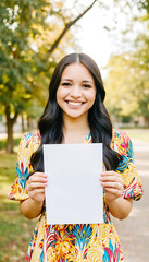 Happy young woman with long dark hair smiles while holding a blank white vertical paper sign in a sunny outdoor park, offering copy space for text.
