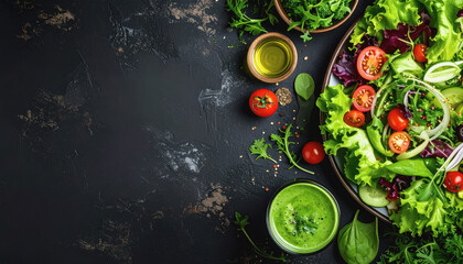 Colorful salad with fresh greens and juicy tomatoes perfect for a healthy lifestyle surrounded by green juice