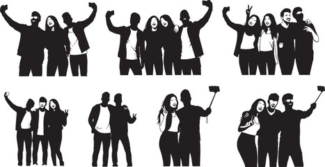 Group selfie silhouettes, people taking photos, smartphone poses, peace sign gesture, friends together, social media moment, selfie stick usage, modern lifestyle, black silhouette ial 