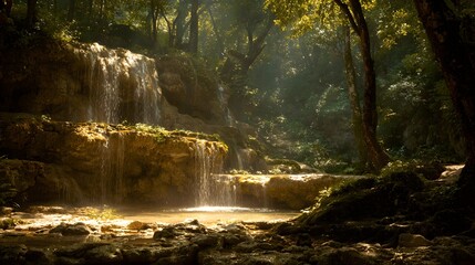 Sunlight illuminates tiered rock formations creating cascades in a dense woodland environment