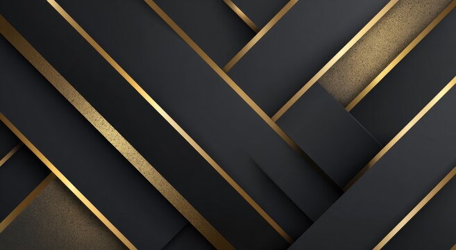 Dark geometric design with intersecting black shapes and thin gold stripes - Powered by Adobe