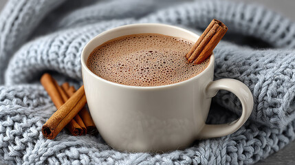 Hot chocolate with cinnamon stick knitted blanket cozy winter drink