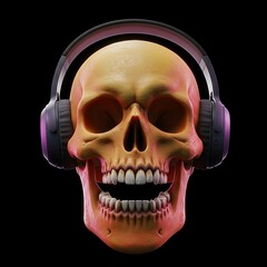 A skull wearing headphones against a solid black background, symbolizing a fusion of music and mortality.