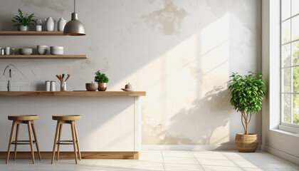 Stylish kitchen with a pot of plants on the counter bar enhancing the cozy atmosphere and natural vibe