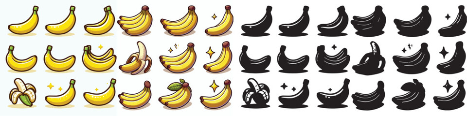 Set of vector and shilhouttes images of banana fruit on a white background