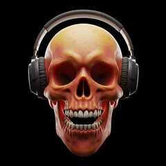 A stylized skull adorned with headphones, set against a black backdrop, representing a blend of music and the mac