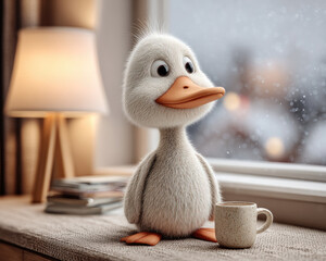 Cute fluffy duckling with big eyes sitting near window with cup
