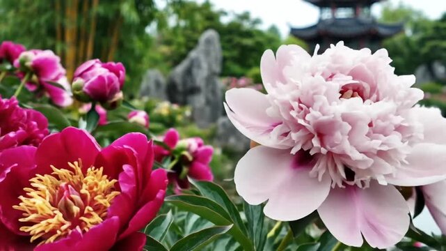 Beautiful Peony Flowers Blooming in a Serene Japanese Garden.