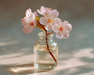 Cherry blossom flower in glass bottle with water on table