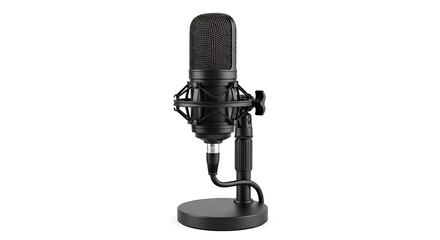 Professional Black Condenser Microphone on Desk Stand, Isolated for Studio Recording & Podcasting