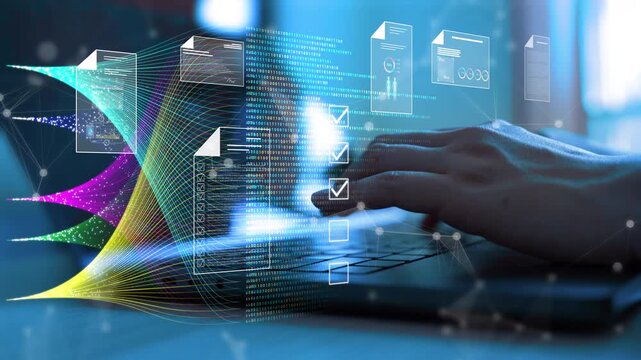 Futuristic digital document management concept showing a hand working on a laptop with virtual electronic files and checklists. Ideal for illustrating modern data processing, paperless workflow,