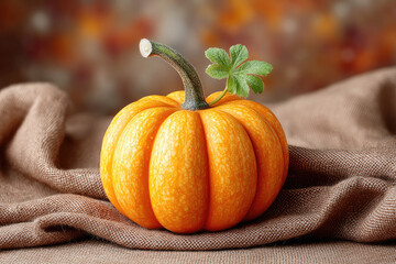 Small orange pumpkin with green leaf on brown fabric