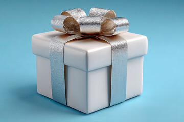 White gift box with silver ribbon and bow on blue background