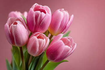 Pink tulip flower with water drops and green leaves pink background