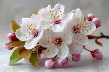 Cherry blossom flower with pink buds and green leaves on branch