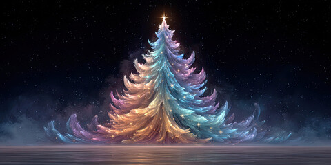 Colorful glowing Christmas tree with star on top shining bright