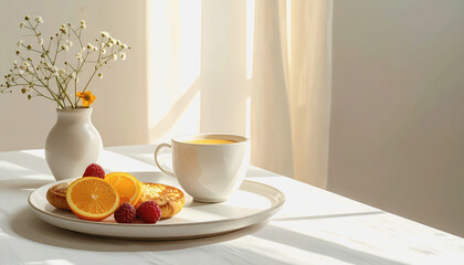 Inviting plate of fresh fruit accompanied by a cup of coffee on a breakfast table with a neutral background