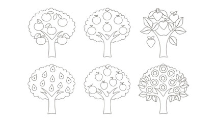 Fruit Trees: Line art of several fruit-bearing trees, each laden with different fruits, showcasing a bounty of nature's harvest.